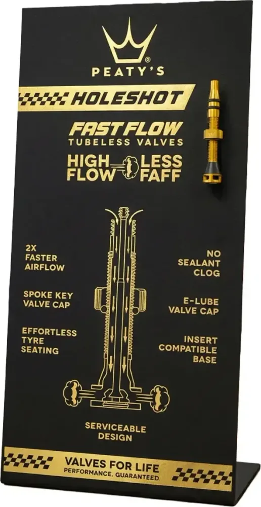 POS stojan na pult Peaty's Holeshot Fast Flow vr. X1 Gold Valve (PTV-HFF-POS)
