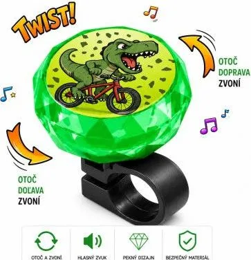 Zvonček otočný oceľ motív dinosaurus, na karte, zelený