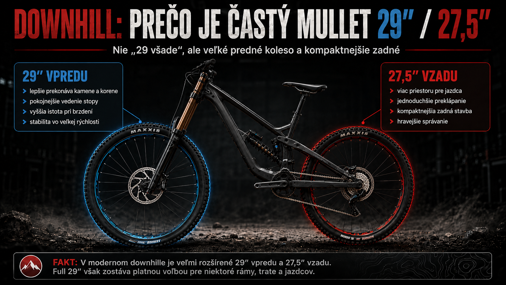 Downhill mullet bicykel s 29-palcovým predným a 27,5-palcovým zadným kolesom